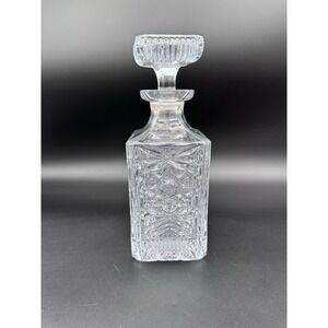 Vintage Clear Pressed Leaded Glass Diamond Star Cut Square Whiskey Decanter